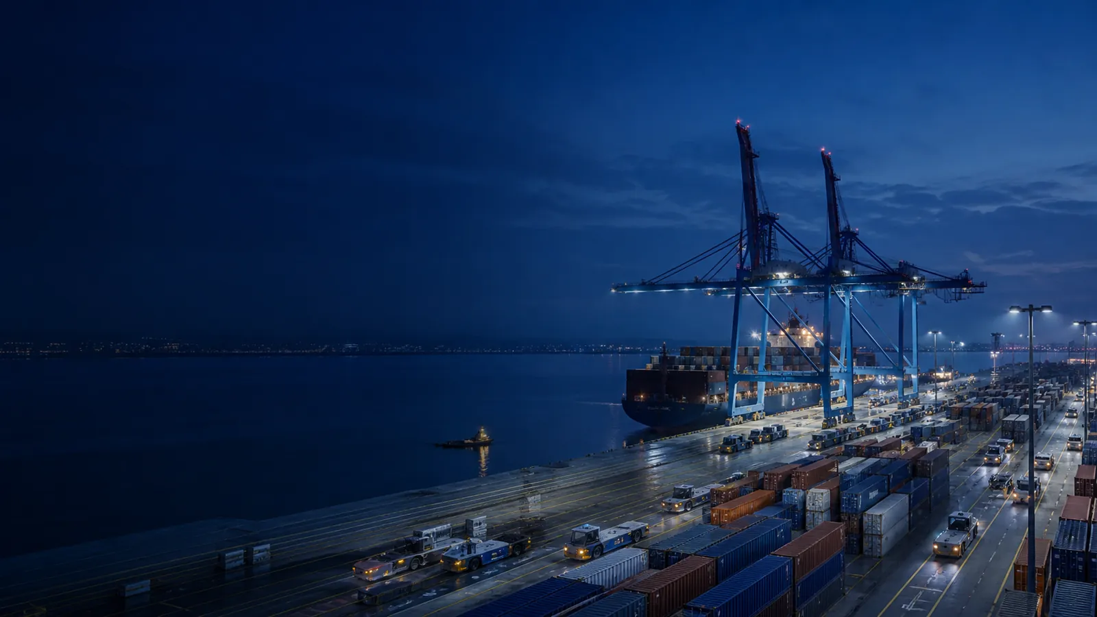 Aerial view of container ships and stacked freight containers at a port